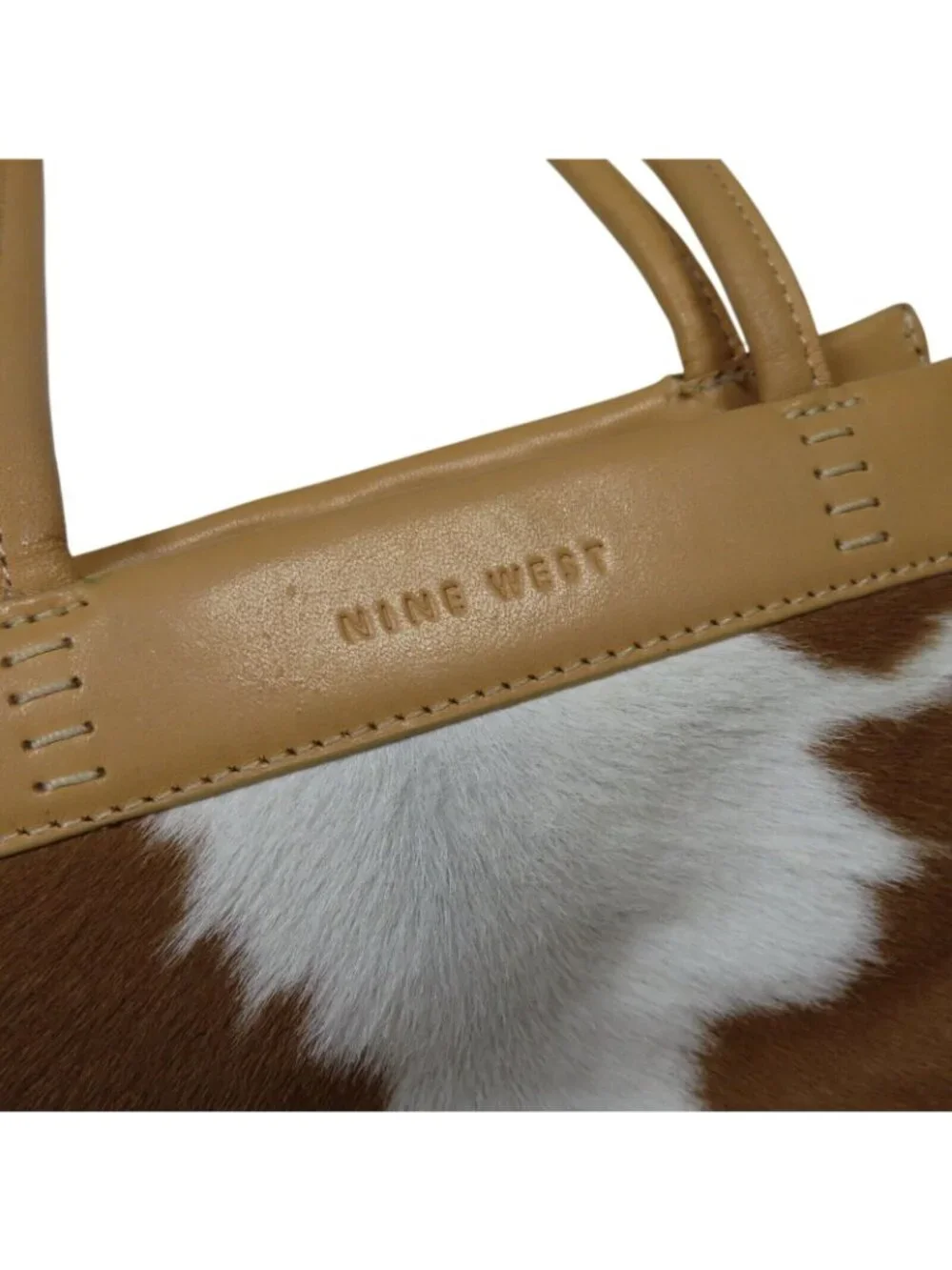 Nine West Tan Leather Brown White Cow Animal Hair Print Satchel Bucket Bag Purse